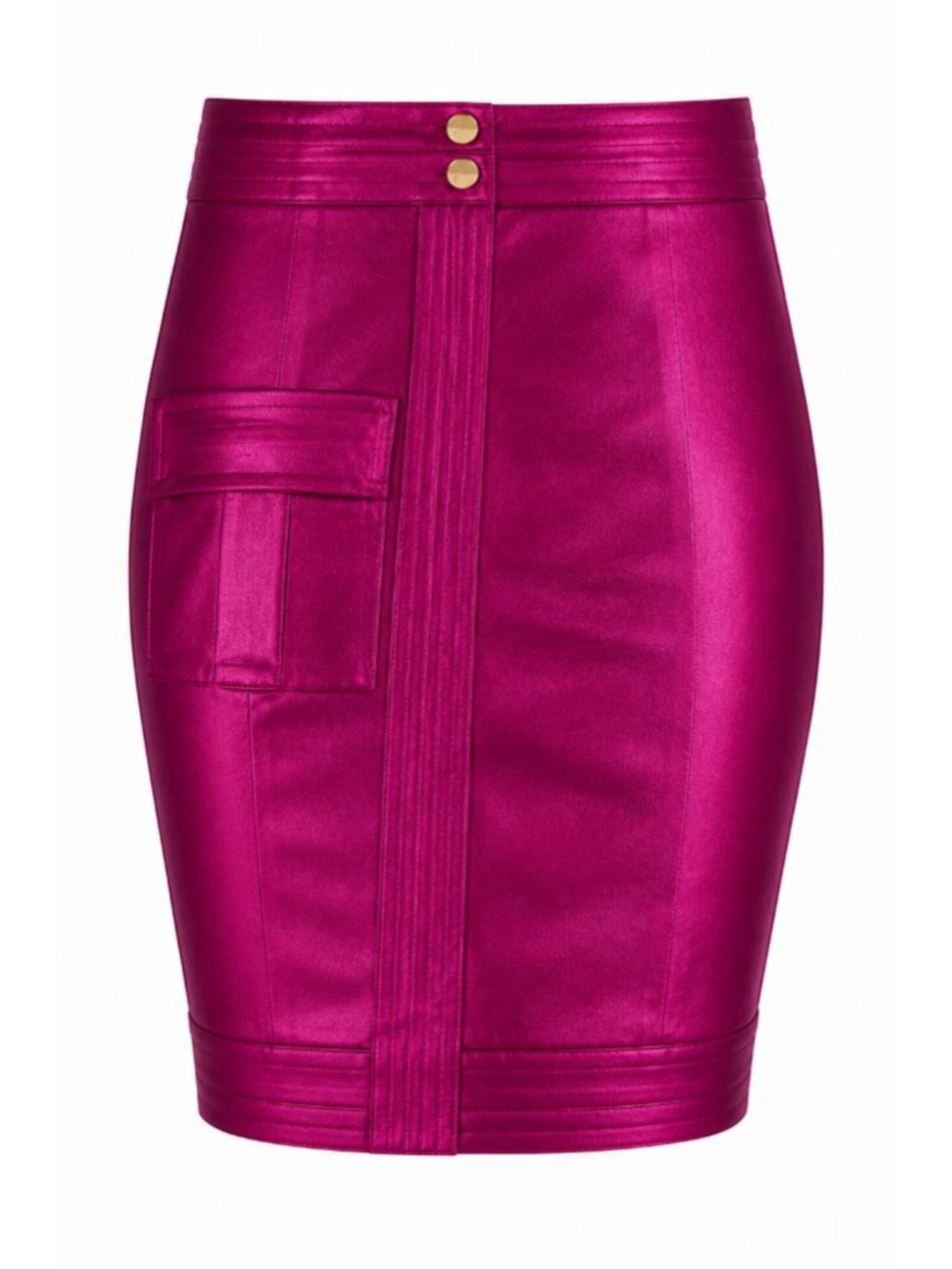 AZZY & MARY Metallic Pink Satin Cargo Pencil Skirt High Waist Shiny Statement Si